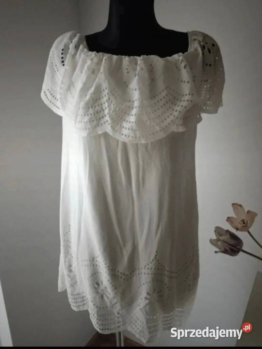 Biała sukienka z baskinką asemetryczna S 36 Długość Mini Krosno