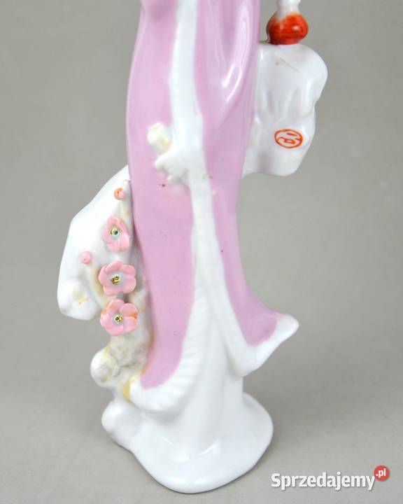 Japonka w różowej sukni z gałązką sakury kwiat Porcelana i szkło Bronisze sprzedam