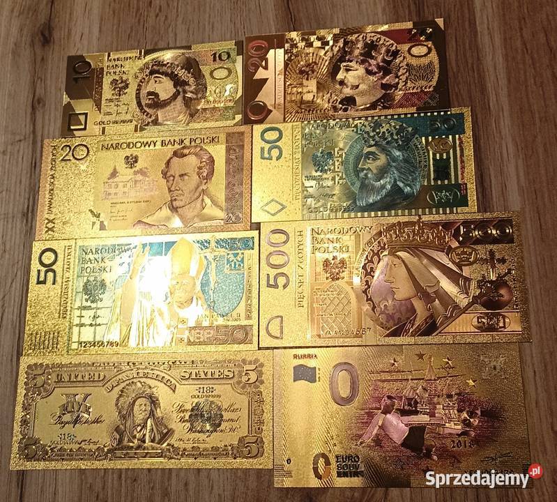 ZŁOTE Banknoty 24 Karat Dolar Euro Papież Chrobry Mieszko