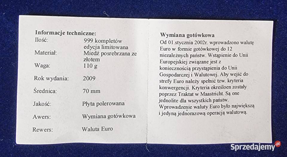 10 Lat Waluty EURO GIGANT 70 mm ZŁOTO Medal Numizmatyka Sosnowiec