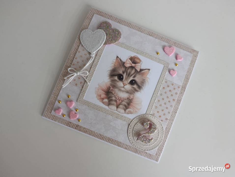 Kartka ręcznie robiona na urodziny z kotkiem Łódź