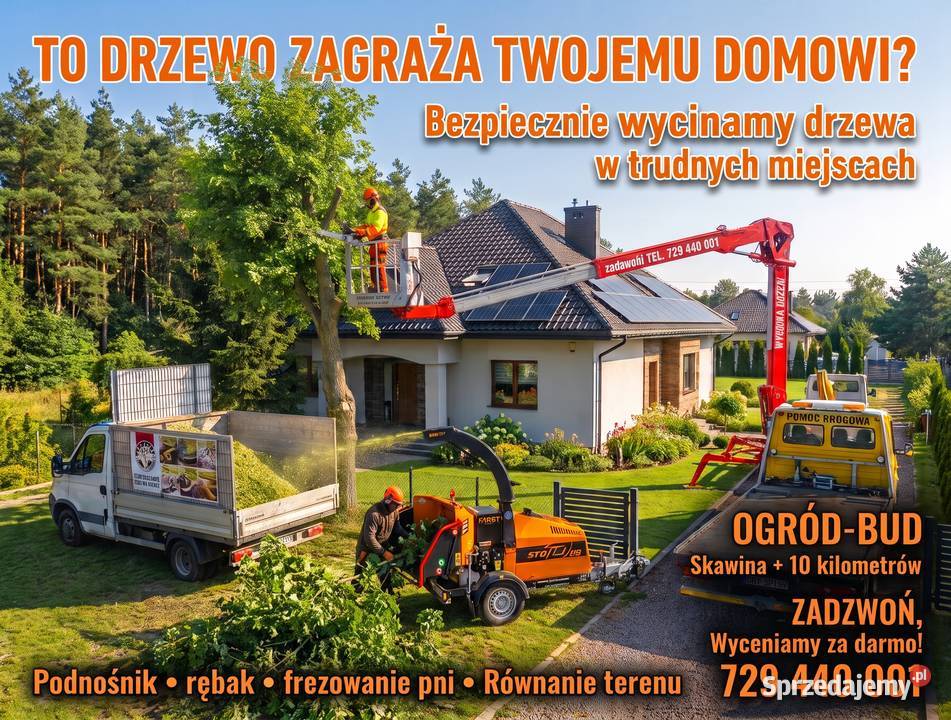 Wycinka przycinka drzew Podnosnik koszowy Rębak do gałęzi Frezarka do pni
