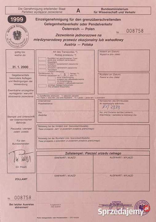 Zezwolenia austriackie 19992001 oryginalne stan Zakopane