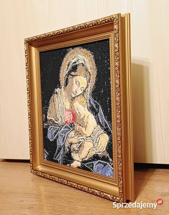 haft krzyżykowy Madonna z Dzieciątkiem drewniana Szczecin
