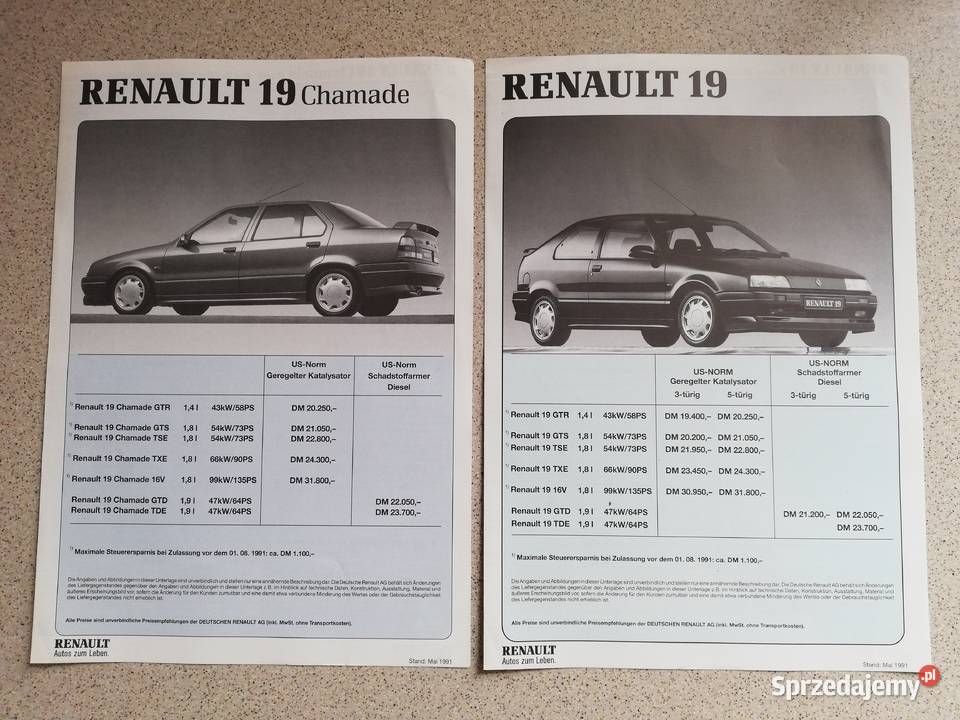 Prospekt broszura cennik Renault 19 16V niemiecka