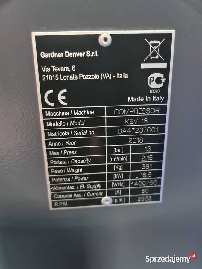 Kompresor śrubowy GARDNER DENVER KBV 18 185 kw Zduny sprzedam
