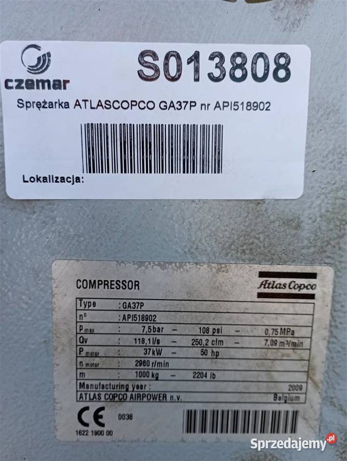 Sprężarka śrubowa kompresor ATLAS COPCO GA75 Wilków sprzedam
