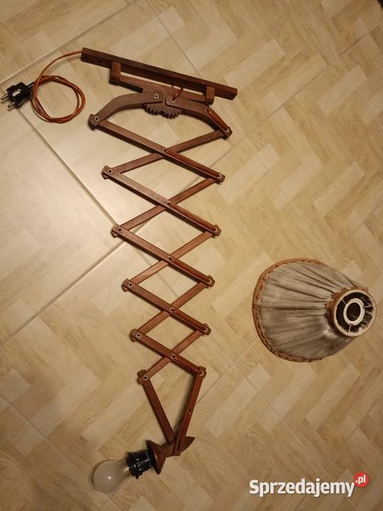 Zabytkowa Lampa nożycowa tekowa Vintage Kinkiet Drawski Młyn