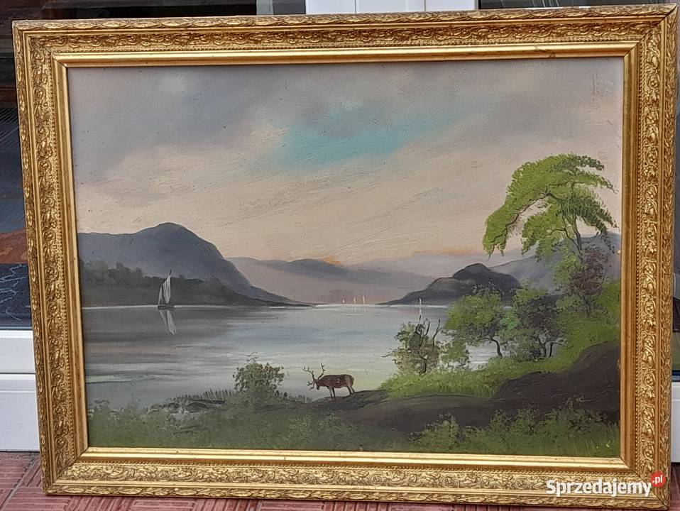 Pejzaż obraz olejny ozdobna złota rama