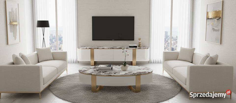 Stolik kawowy biały ława na złotych nogach Golkowice