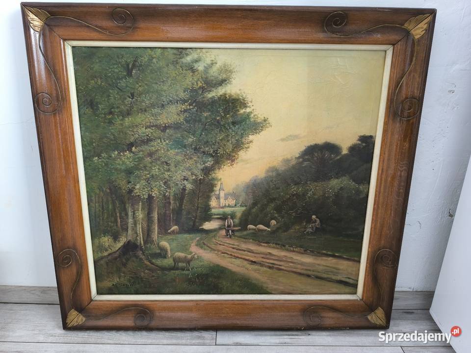 Piękny obraz olejny scena rodzajowa sygnowany Łódź