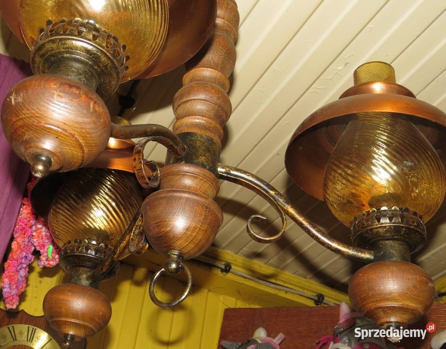 Lampa miedziano drewniana klosze kule Nowy Żmigród