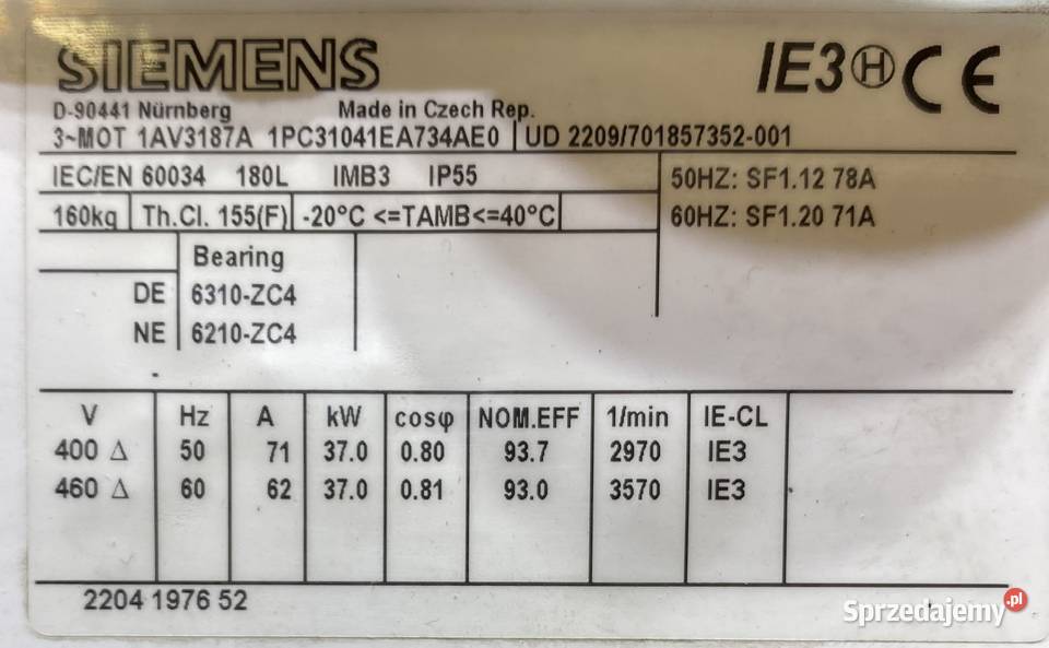 silnik elektryczny 37kW 2970obr 3fazowy SIEMENS