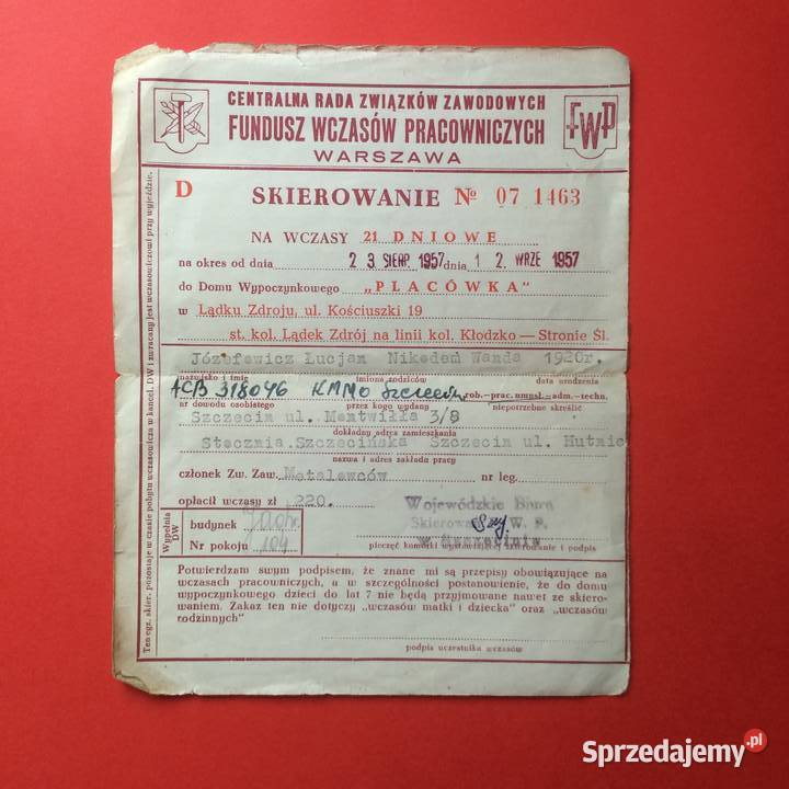1669 Skierowanie Na Wczasy Józefowicz zachodniopomorskie Szczecin
