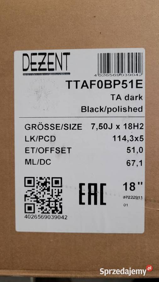 Dezent TA Dark 18 5x1143 ET 51 blackpolished mazowieckie Warszawa sprzedam