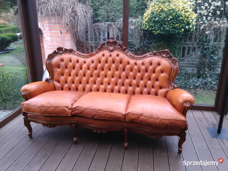 Sofa LudwikBarok Rzeźbiona Skóra Antyk Kluki