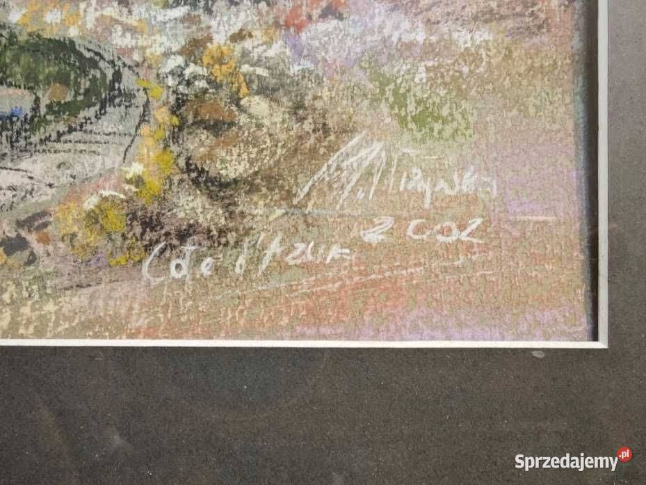Sygnowany obraz pastel Cote dAzur port rama Góra
