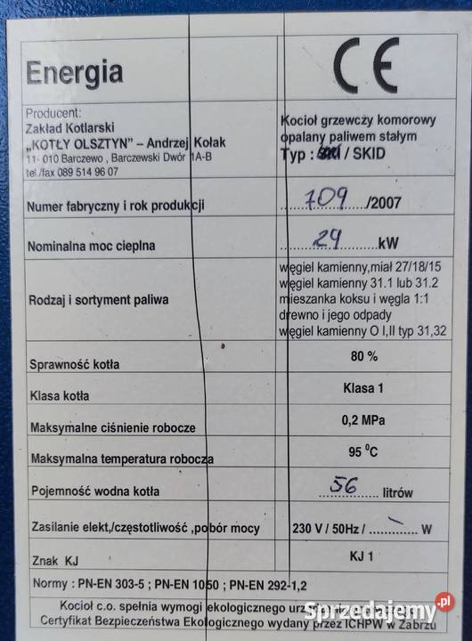 Piec kocioł na węgiel i drewno 29 kW używany Łęgajny