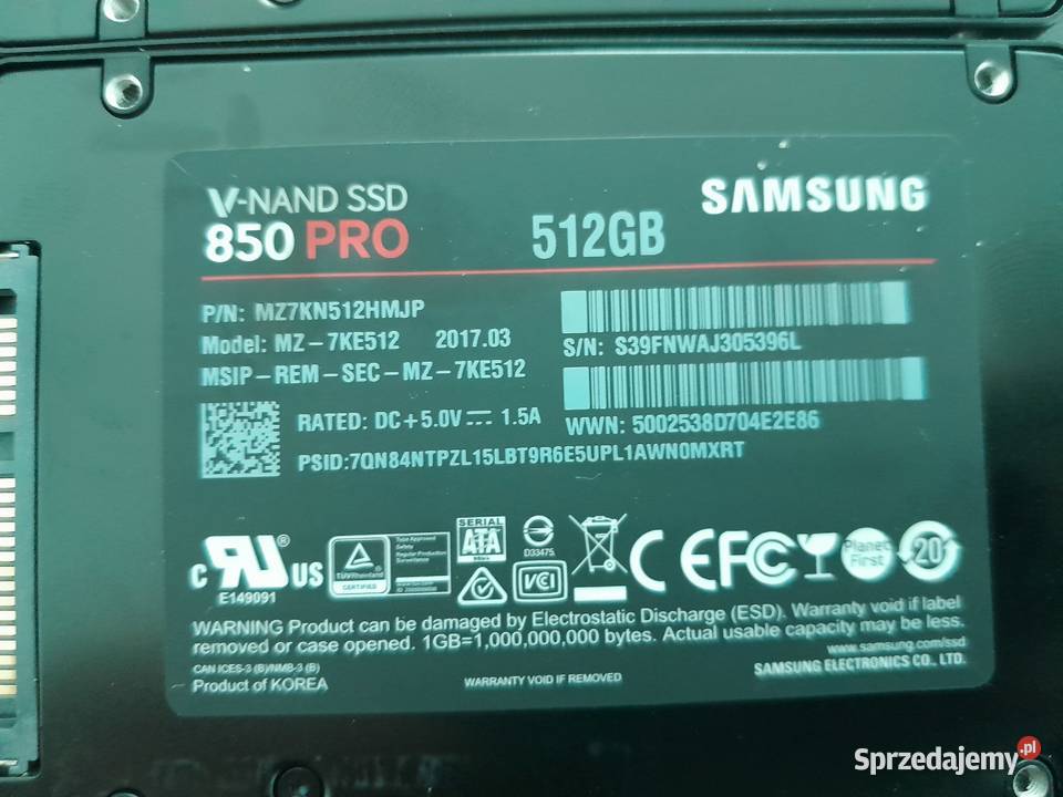 Dysk twardy Samsung 850 PRO 512GB SATA 25 SSD Pojemność 500 małopolskie Wieliczka sprzedam