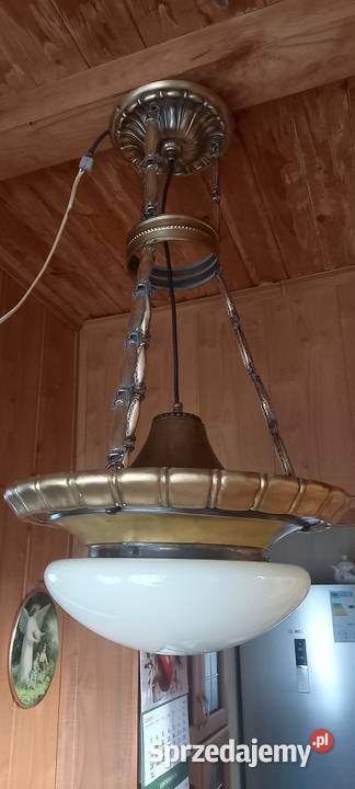 Stara wisząca lampa z mosiądzu duży klosz ampla Skierniewice