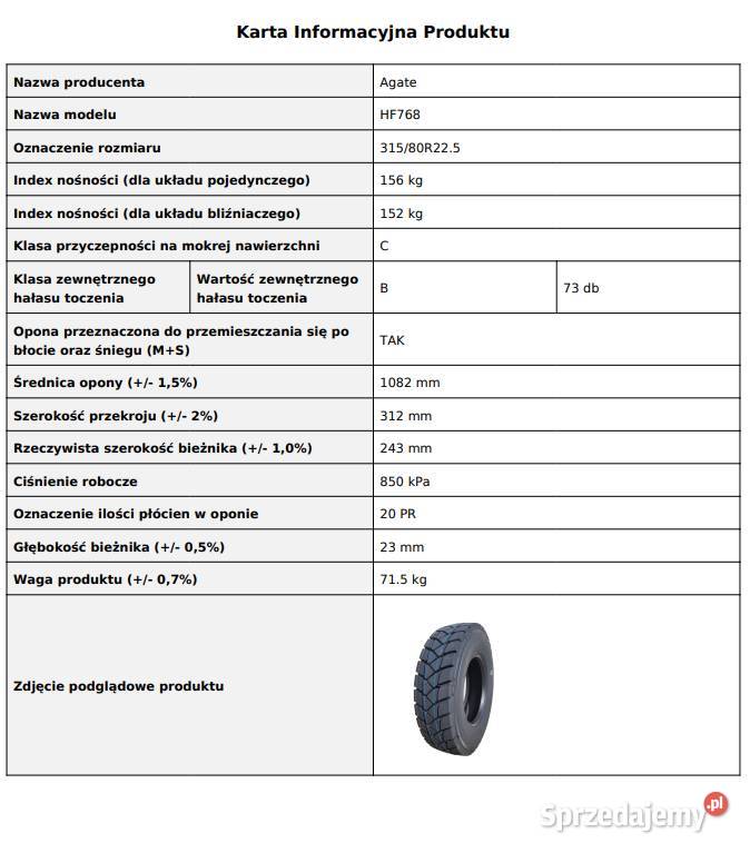 AGATE HF768 31580 R225 Opony napędowe budowlane podkarpackie Zarębki