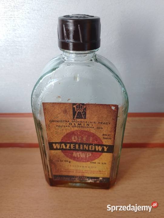 Oryginalna butelka z PRL oleju wazelinowym OLMIN Poznań