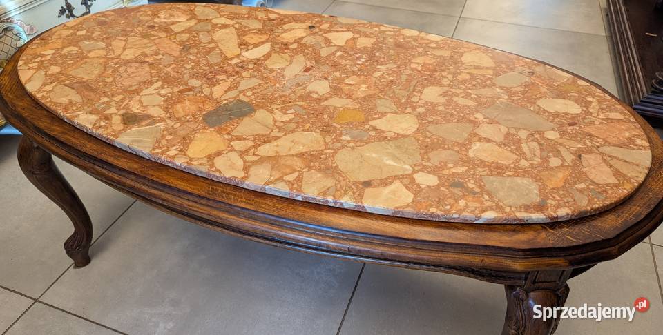 Piękny dębowy stolik ludwikowski z marmuremsklep Dąbrowa Górnicza
