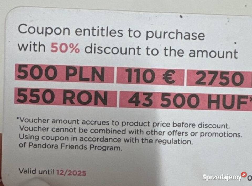 Pandora karta na 50 zniżki Kraków sprzedam