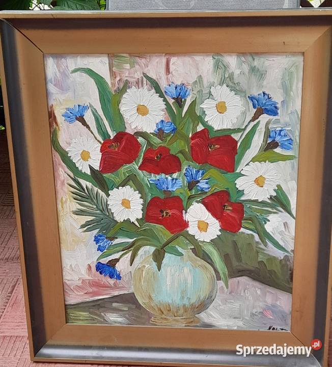 Polne kwiaty w wazonie szpachla obraz olejny Antyki, Sztuka, Kolekcje Iłża