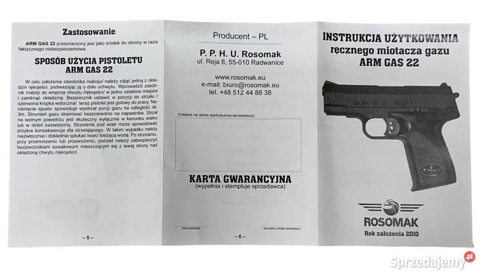 PISTOLET GAZOWY ROSOMAK ARM GAS OBRONA BEZ Poznań