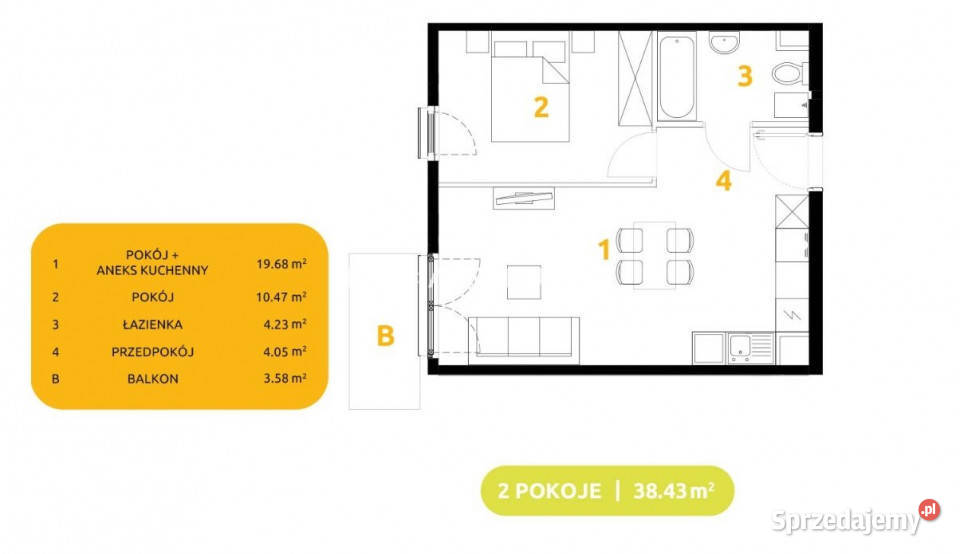 Do sprzedaży mieszkanie 3843m2 2 pokoje Kraków 38.43m2 Sprzedaż