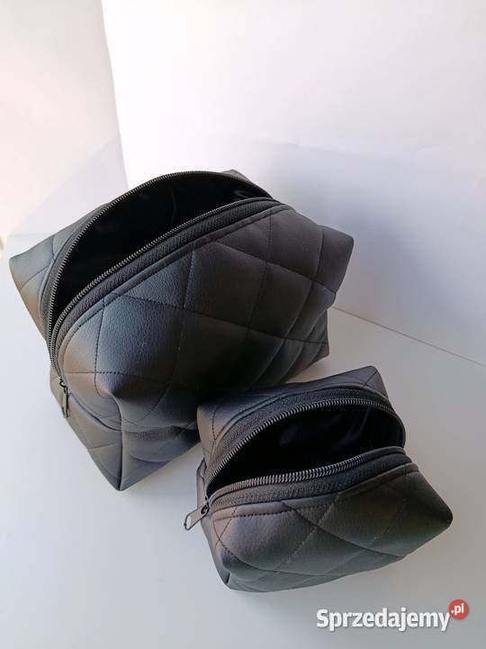 Kosmetyczka duża skórzana pikowana czarna zestaw