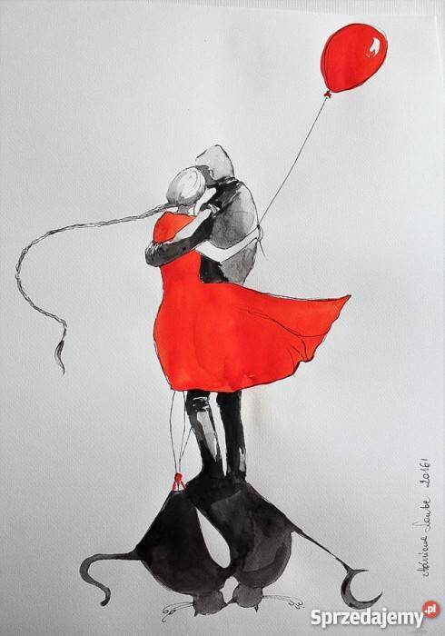 Praca akwarelą i piórkiem Para z balonem Katowice