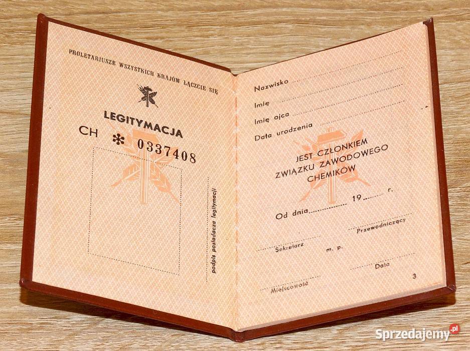 Legitymacja Członka Związku Zawodowego Chemików Pozostałe Gliwice