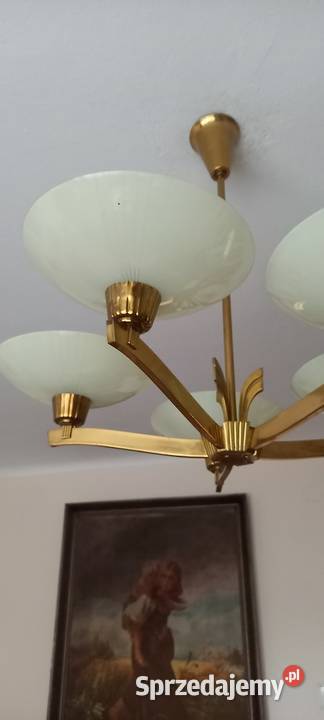 Mosiężny pięcioramienny żyrandol z kloszami w