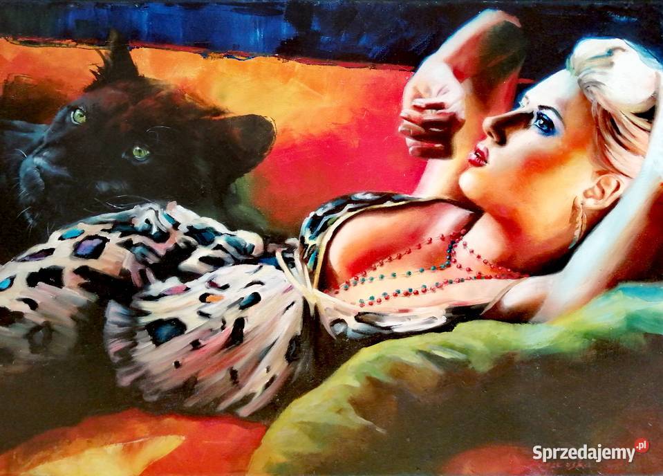 Obraz olejny Kobieta kot Malarstwo Łódź