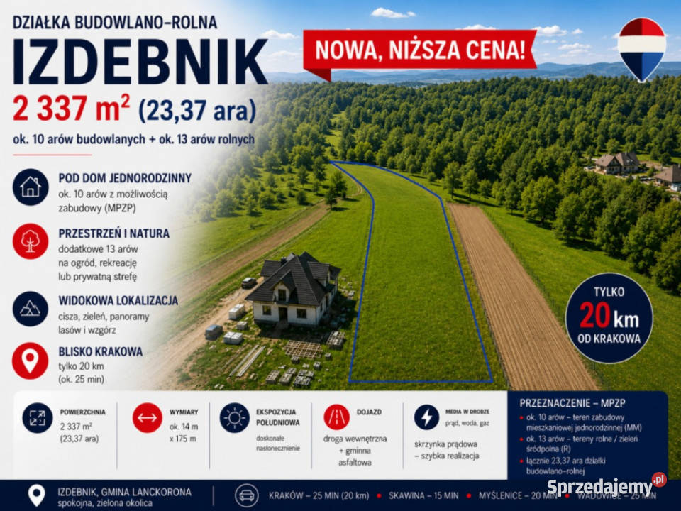 Urocza działka 20min na południe Krakowa Izdebnik