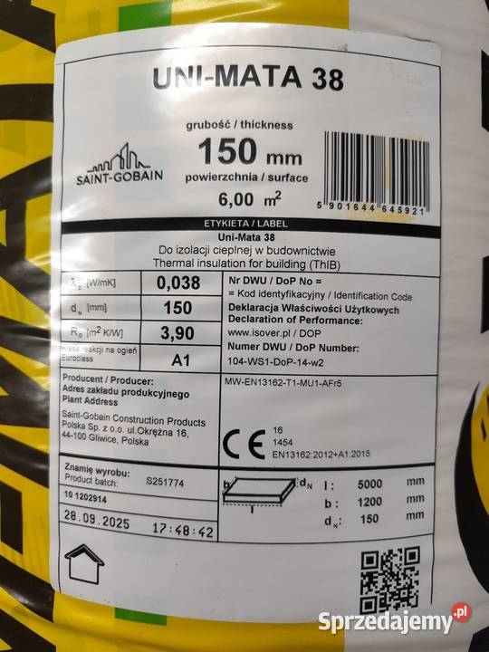 Wełna Mineralna ISOVER unimata 38 150mm Wełna pomorskie Gdańsk