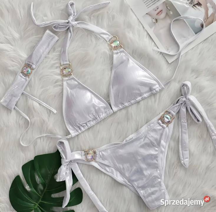 Bikini strój kąpielowy biały srebrny połysk