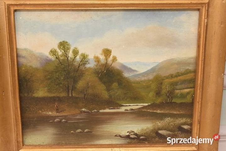 Wędkarz Rzeką Pejzaż Lasu Rzeka Las Obraz Olejny Kraków sprzedam