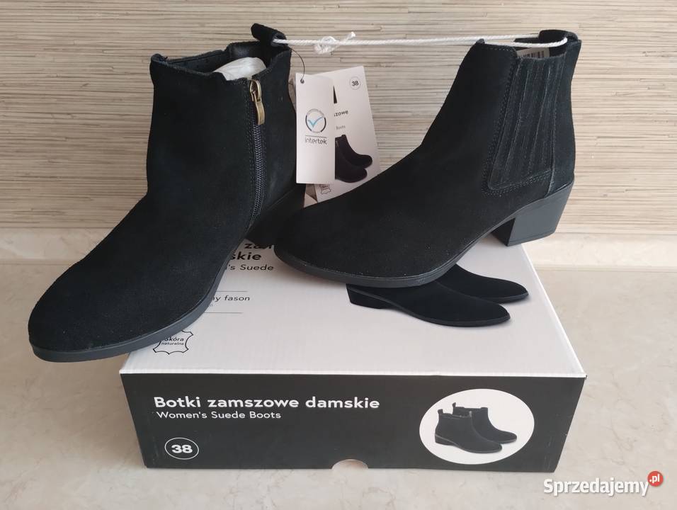 NOWE Buty damskie zamszowe botki CZARNE 38 skóra Zabrze