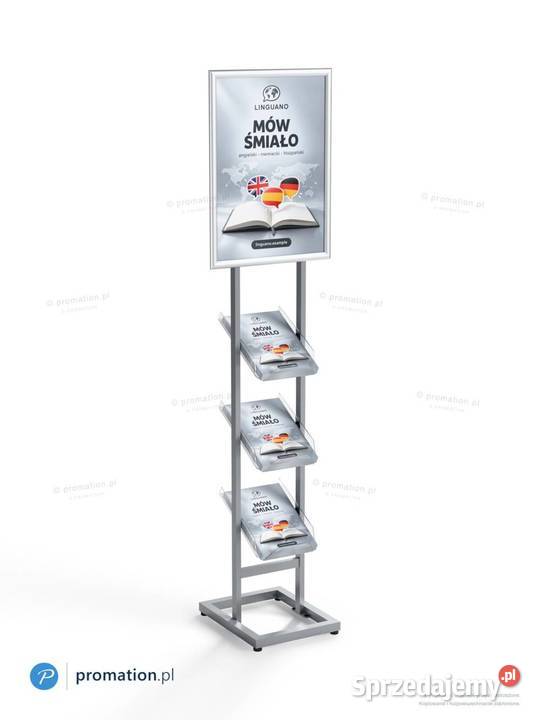 Srebrny stojak metalowy na foldery A4 i plakat Warszawa sprzedam