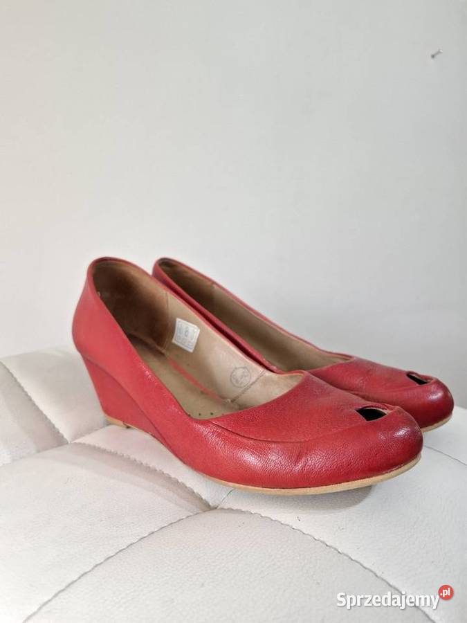 Skórzane czerwone czółenka Kulig peep toe skóra