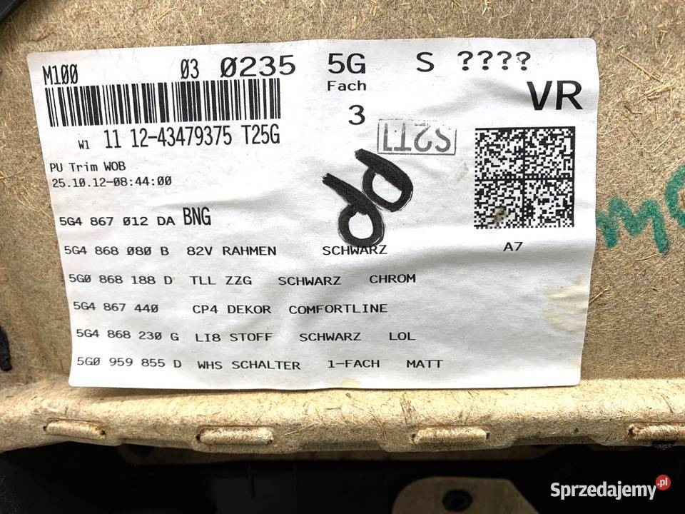 BOCZEK DRZWI PRAWY PRZÓD VW GOLF VII Hatchback