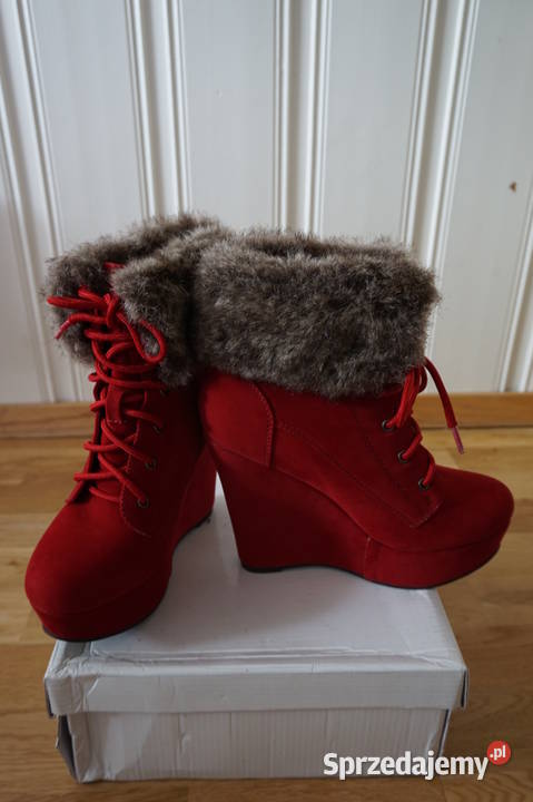 Czerwone koturny botki sznurowane na koturnie 36 inna Kozaki Toruń