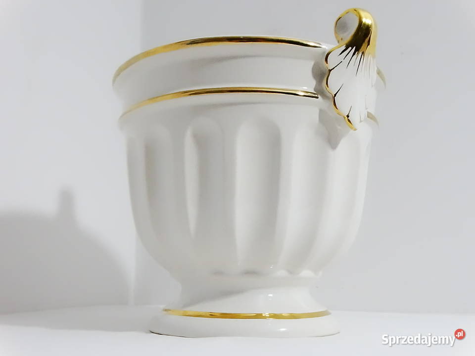 Wazon ceramiczny z uchwytami biały ze złotem lubelskie Biłgoraj