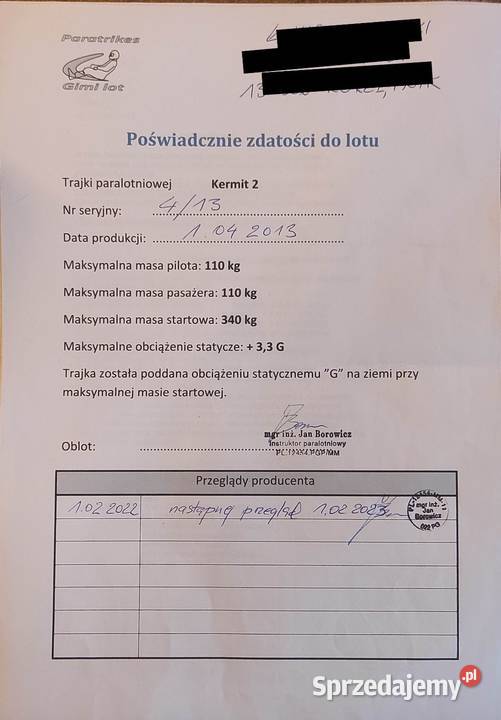 Trajka paralotniowa GimiLot Kermit 2 Rotax 447 warmińsko-mazurskie Szafarnia