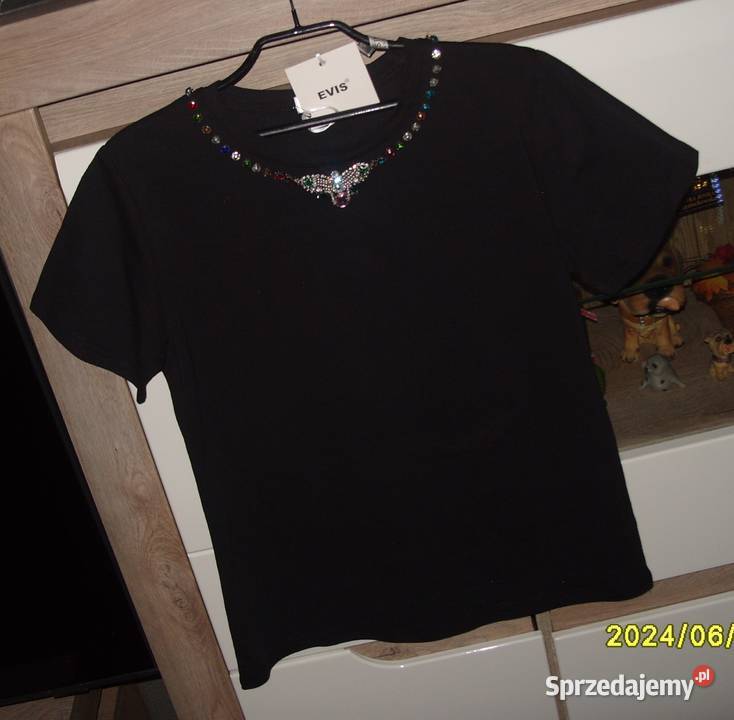 NOWY czarny tshirt EVIS biżuteryjna mucha Bluzki i koszule