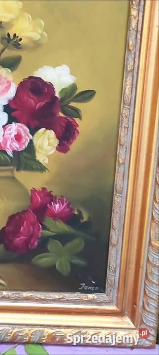 Stylowy Obraz Olej Płótno Kwiaty Bukiet Złota Pabianice