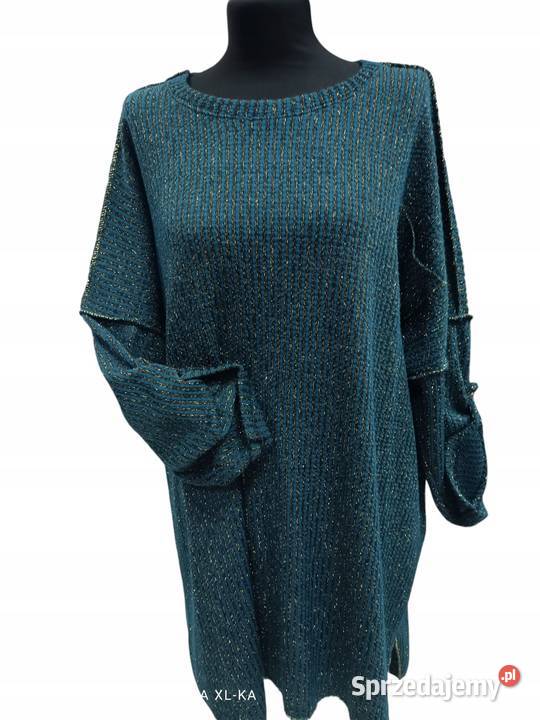Stylowy sweter Oversize turkusowy ze złotą nitką Pątnów